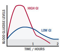 a graph depicting the relationship between blood glucose levels (Y-axis) and time (X-axis), showing the difference between high glycemic index (high GI) and low glycemic index (low GI)