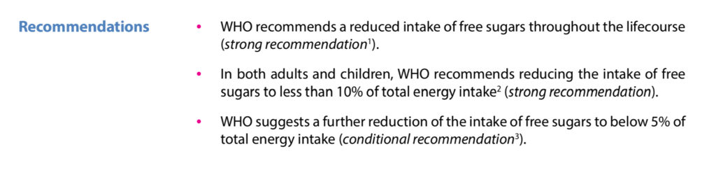 an excerpt from the World Health Organization guidelines for sugar intake for adults and children with three recommendations concerning sugar intake